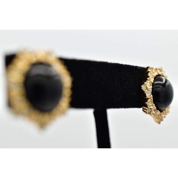 Christian Dior Vintage Black Cabochon Earrings Crystal Gold NOS Signed 80s BinQ - Picture 5 of 12